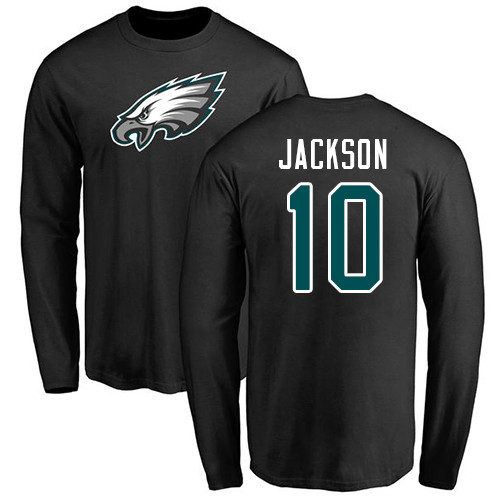 Men Philadelphia Eagles #10 DeSean Jackson Black Name and Number Logo Long Sleeve NFL T Shirt->nfl t-shirts->Sports Accessory